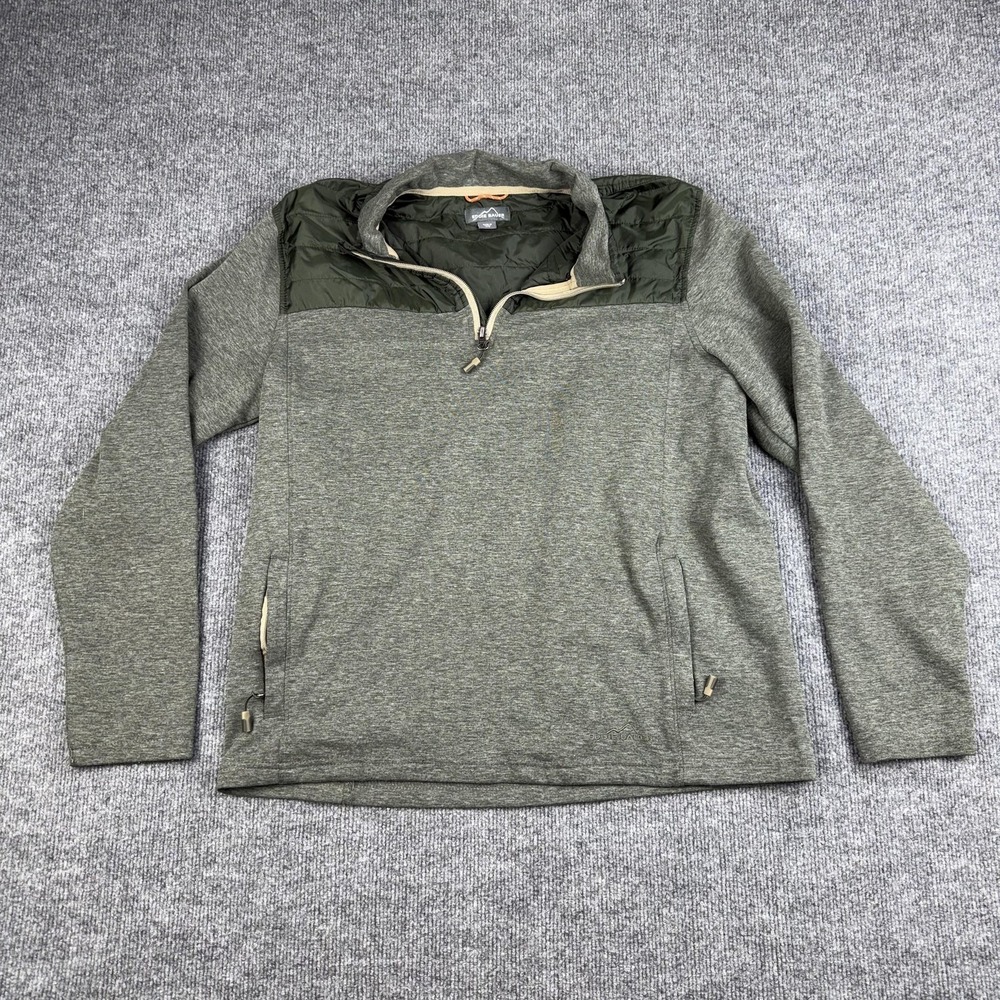 Eddie Bauer Sweatshirt Mens Large Green Quarter Zip Quilted Yoke Pockets Knit